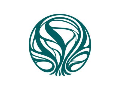 Studio Allegory's Logo in turquoise. The logo signet depicts an abstract tree enclosed in a circular shape. In the tree trunk between the roots is a core/seed from which everything springs. The depiction is stylistically inspired by Art Nouveau and its organic lines contrast with the geometric outer shape.